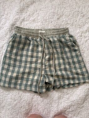 High-Waist Green Plaid Linen Blend Women’s Shorts
